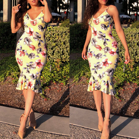 Yellow Flower Print ‘Marylin’ Midi